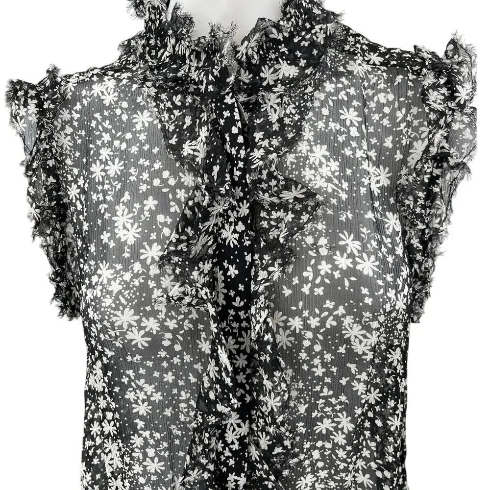 7 For All Mankind Black Floral Ruffle Sleeveless Button Sheer Cami Blouse Top XS - Picture 3 of 4